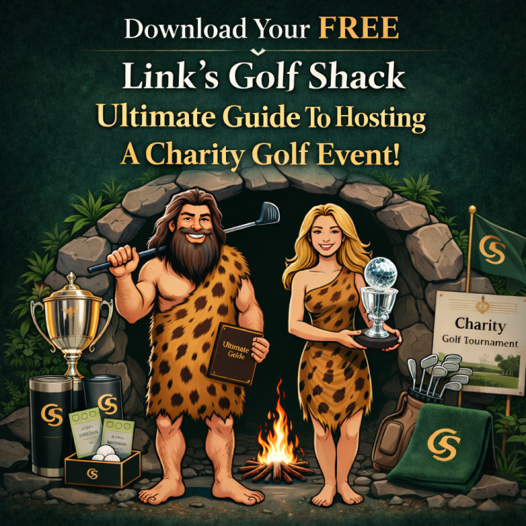 a picture of a caveman and a cave woman displaying golf tournament supplies